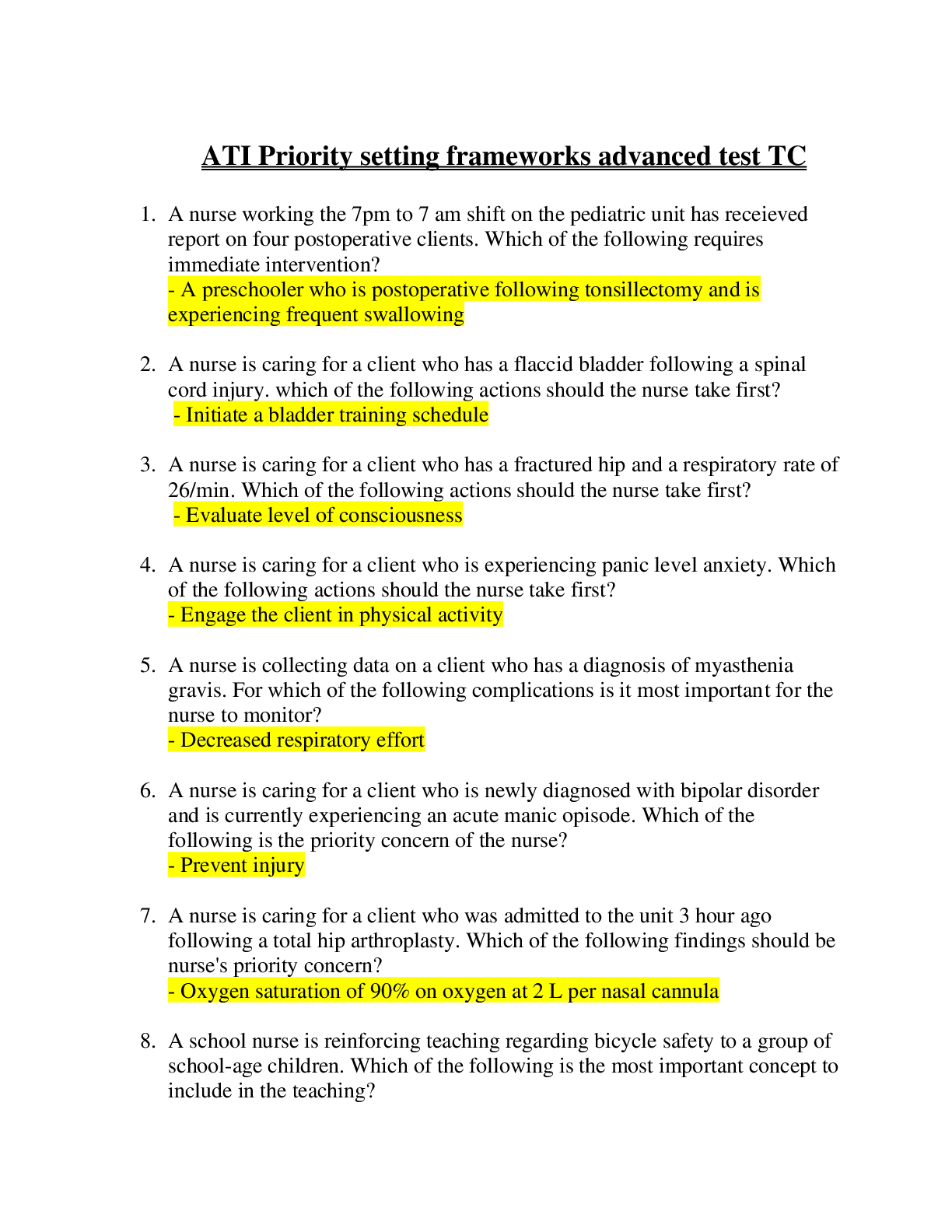 Preview of (Answered)ATI Priority setting frameworks advanced test TC ; all correct 2022.